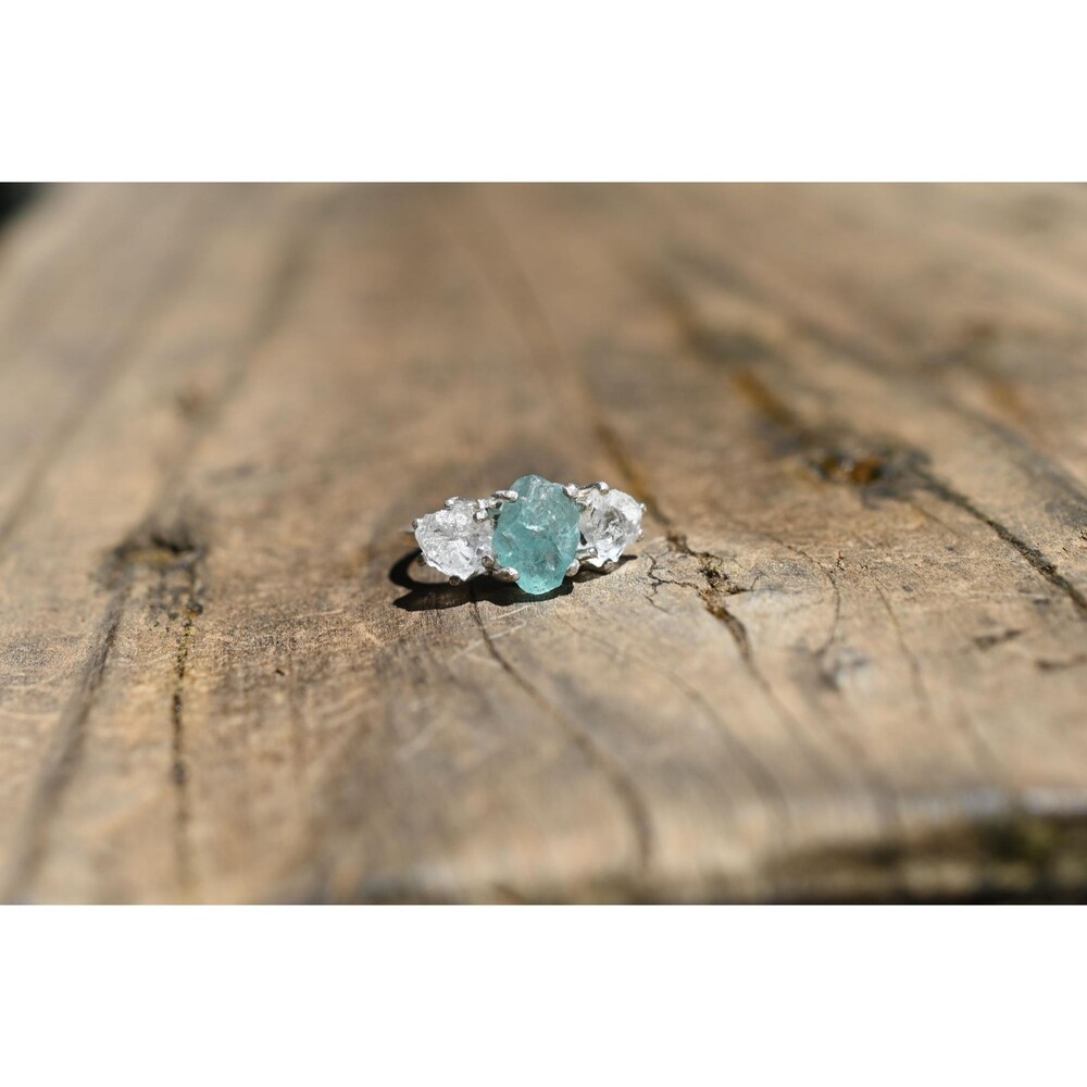 Engagement ring aquamarine and Lake County diamond  sterling silver size 3 4 5 6